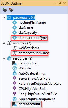 Capture d’écran de la fenêtre Structure JSON affichant la ressource Compte de stockage ajoutée.