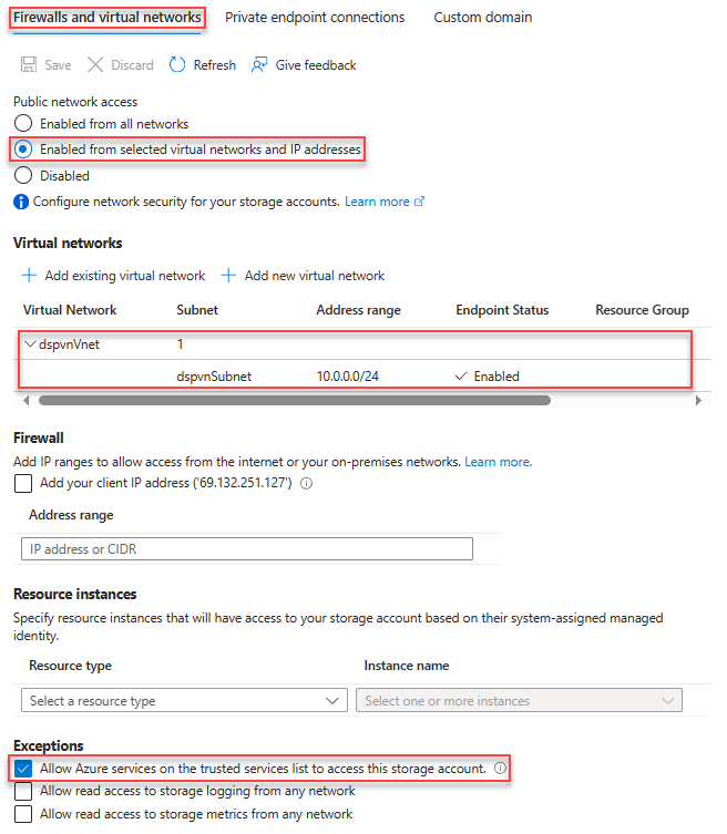 Capture d’écran de la configuration du compte de stockage pour accéder au réseau privé.