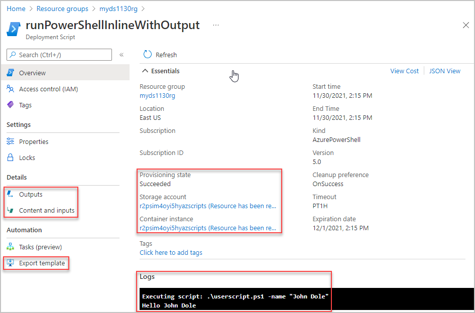 Capture d’écran de la vue d’ensemble du portail pour un script de déploiement du modèle Resource Manager.