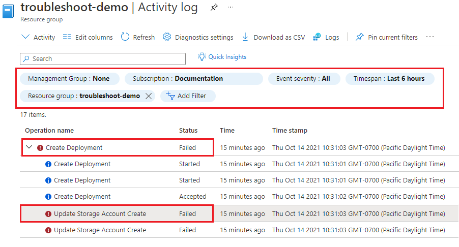 Capture d’écran du journal d’activité du groupe de ressources du portail Azure, indiquant un échec de déploiement avec une consignation d’erreur.