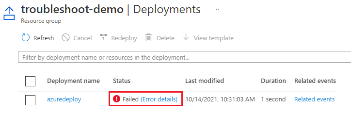 Capture d’écran de la section Déploiements du groupe de ressources dans le portail Azure, affichant un lien vers les détails d’erreur d’un échec de déploiement.