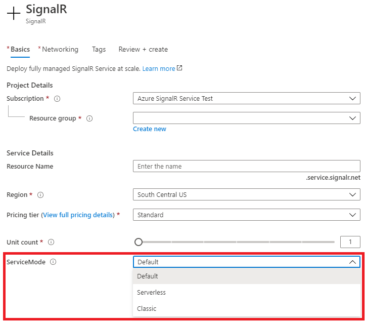 Portail Azure – Choisir le mode de service lors de la création d’un service SignalR.