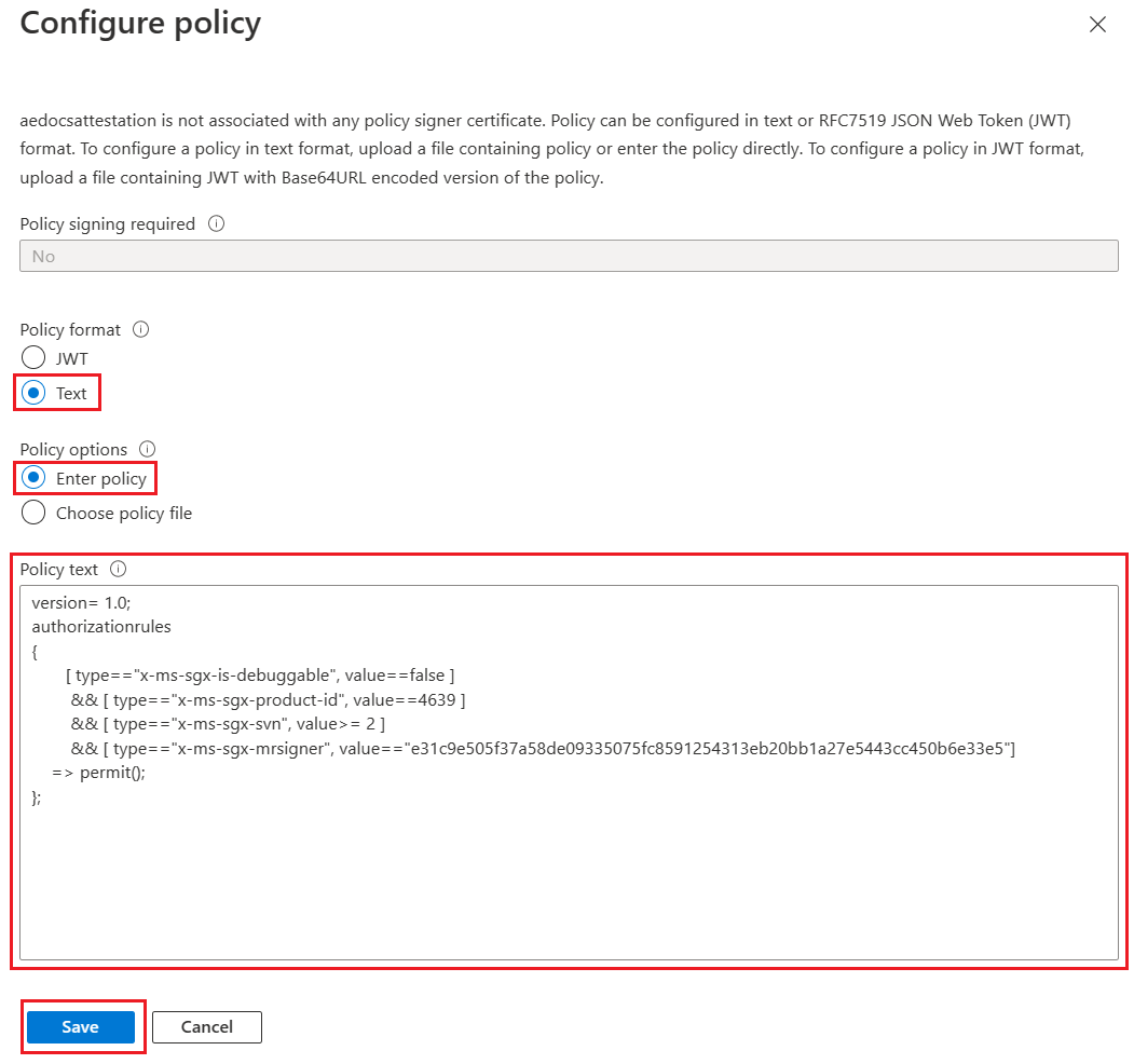 Capture d’écran de la modification d’une stratégie d’attestation dans le portail Azure.