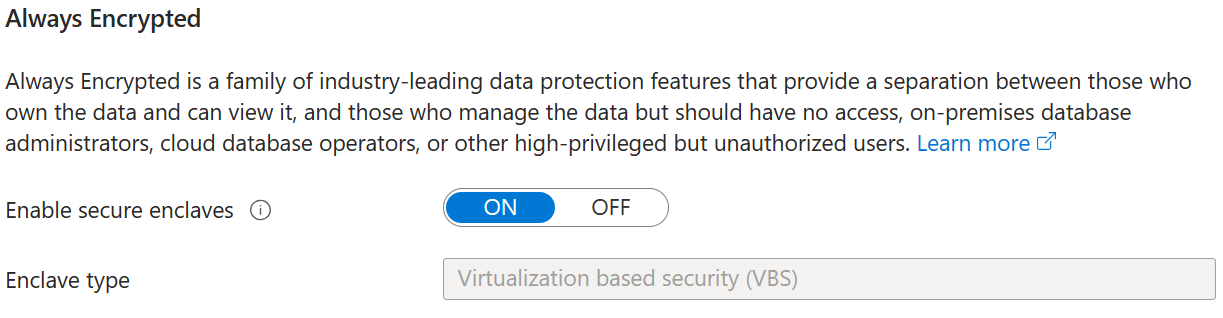 Capture d’écran de création d’une nouvelle base de données ou un pool élastique avec une enclave de sécurité basée sur la virtualisation.