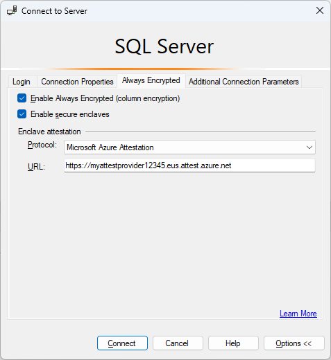 Capture d’écran de l’onglet Always Encrypted de la boîte de dialogue Se connecter au serveur de SSMS, avec l’attestation activée.