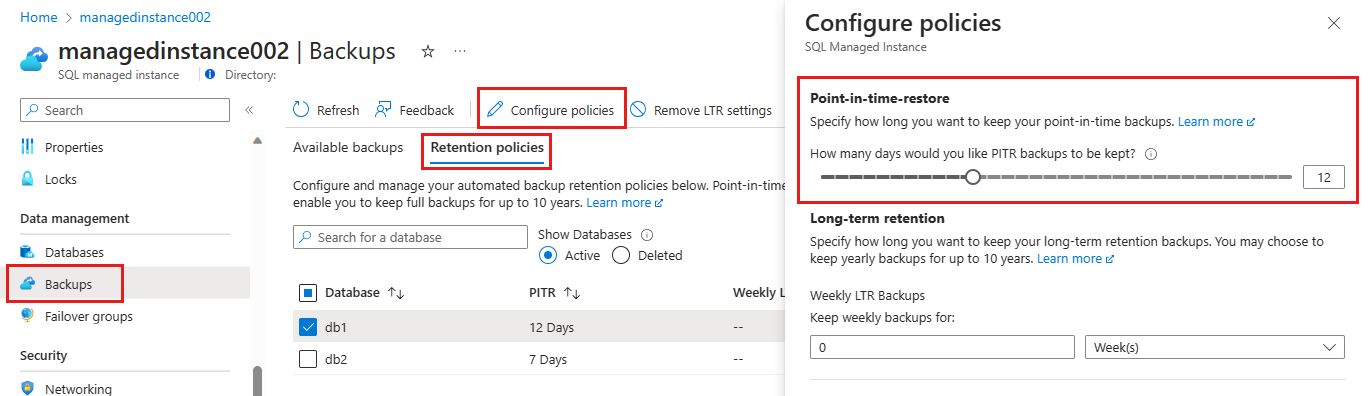 Capture d’écran des paramètres de sauvegarde du portail Azure permettant de modifier la rétention PITR pour l’instance gérée.