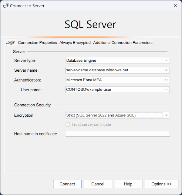 Capture d’écran de la boîte de dialogue de connexion pour Azure SQL.