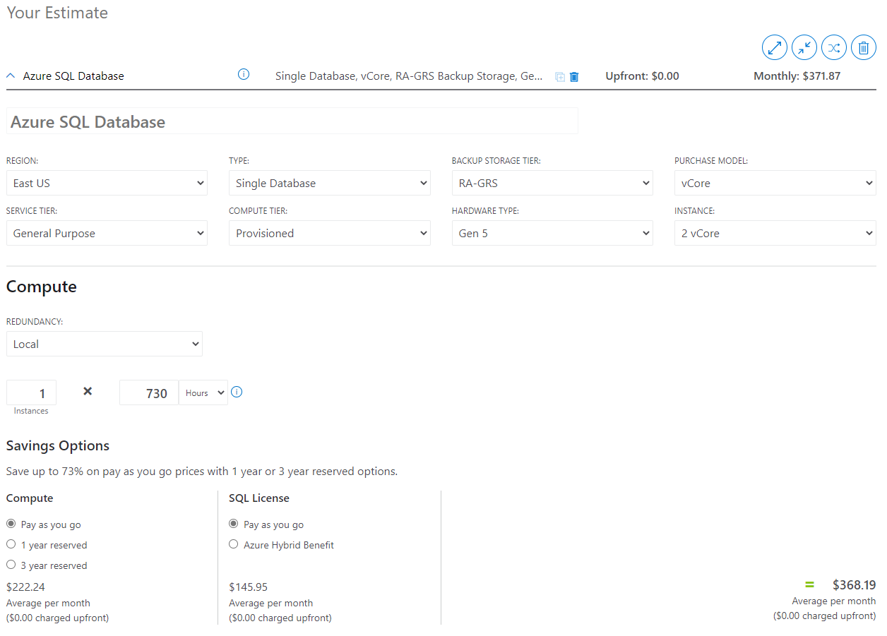 Exemple de calculatrice de tarification Azure SQL Database