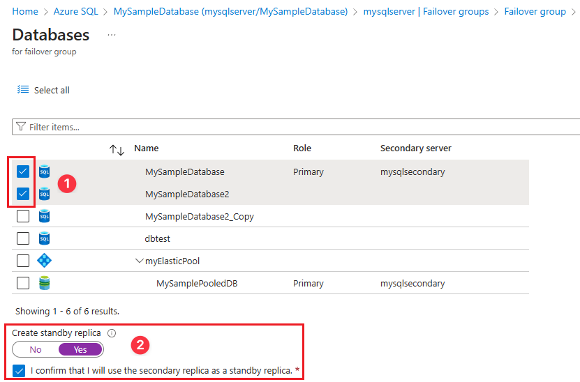 Capture d’écran des bases de données pour le volet du groupe de basculement dans le portail Azure.