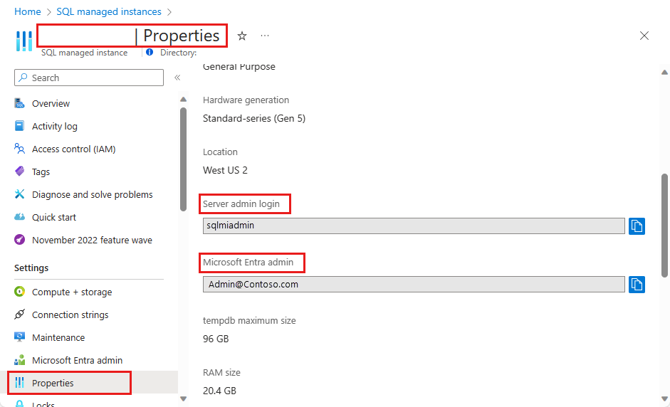 Capture d’écran montrant la page Propriétés de l’instance gérée SQL dans laquelle vous pouvez obtenir les valeurs de connexion et d’administrateur Microsoft Entra.