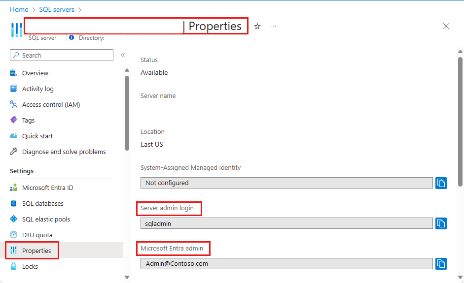 Capture d’écran montrant la page Propriétés de SQL Server dans laquelle vous pouvez obtenir la connexion d’administrateur du serveur et les valeurs d’administrateur Microsoft Entra.