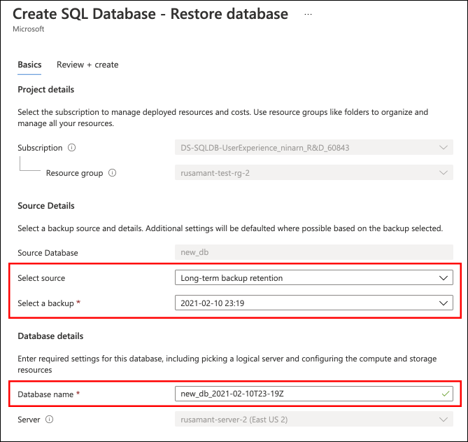 Capture d’écran du portail Azure où vous pouvez configurer les détails d’une restauration.