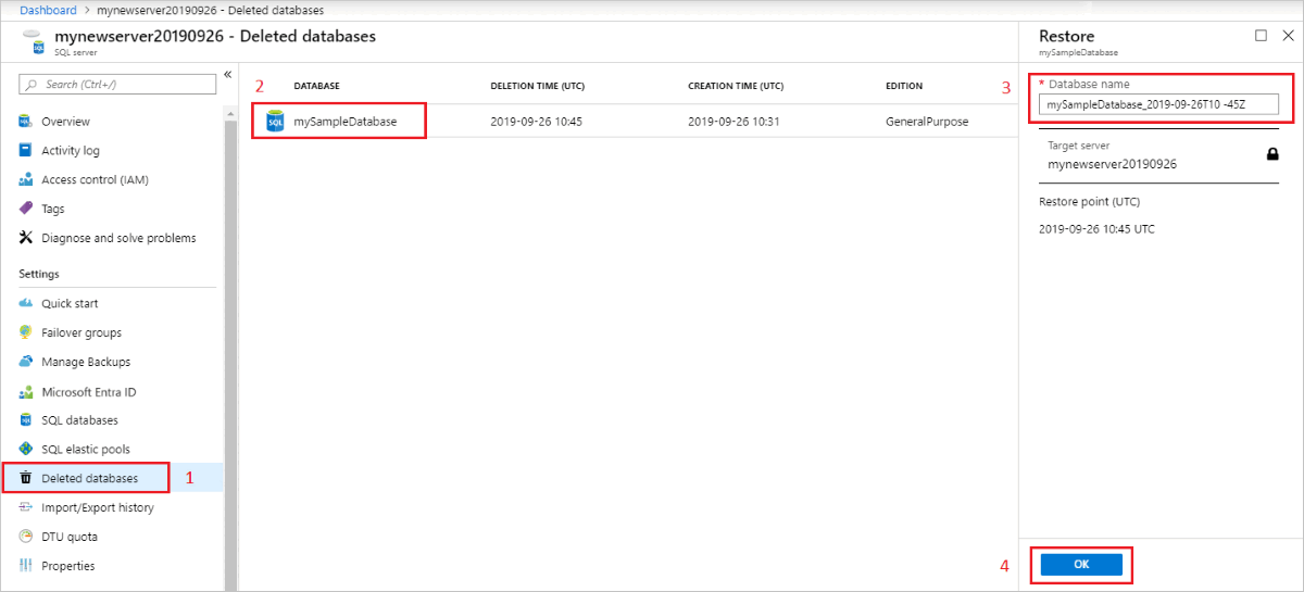 Capture d’écran du portail Azure montrant comment restaurer une base de données supprimée.