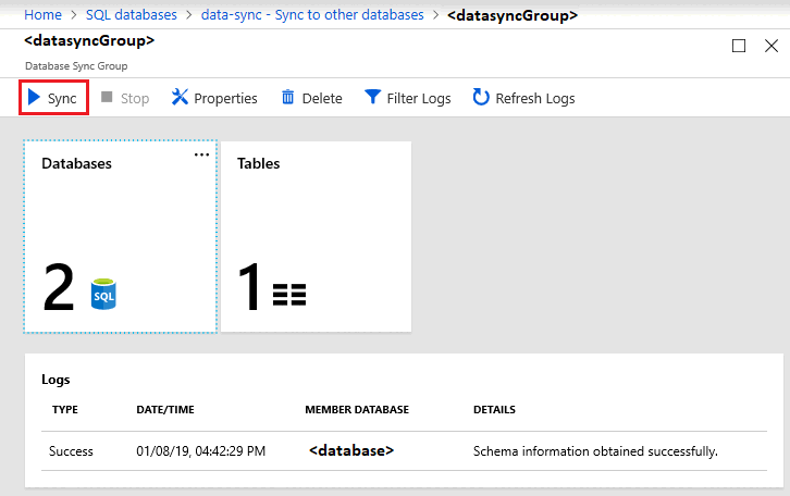 Capture d’écran du portail Azure montrant le bouton de synchronisation manuelle pour un groupe de synchronisation de base de données.