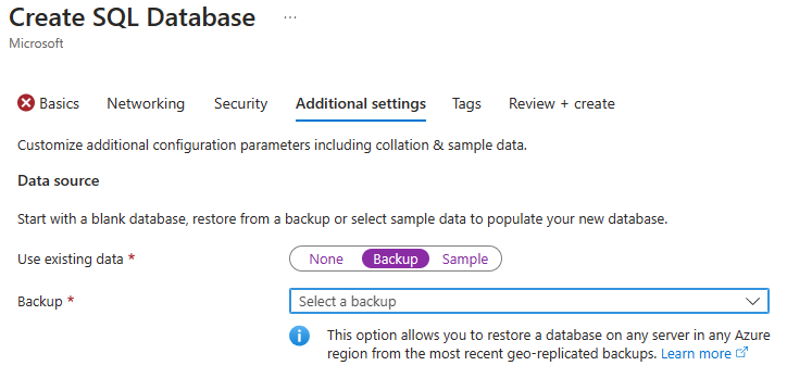 Capture d’écran du menu Créer une base de données du portail Azure avec la sélection d’une copie de sauvegarde à utiliser pour la base de données.