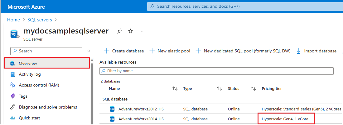 Capture d’écran de la page Vue d’ensemble d’un serveur logique dans Azure, avec la page Vue d’ensemble sélectionnée et Gen4 mis en évidence.