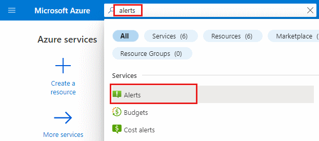 Capture d’écran de la zone de recherche dans le portail Azure. Le terme de recherche « alertes » et le service Alertes dans les résultats de la recherche sont mis en évidence.