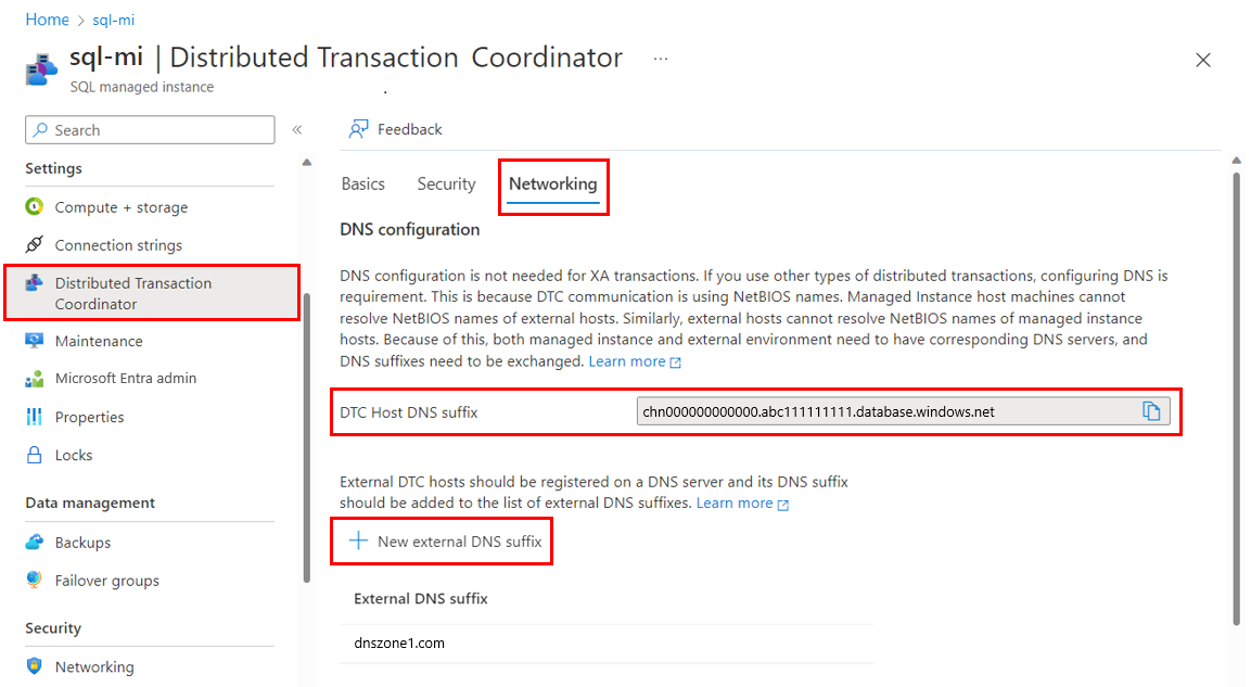 Capture d’écran montrant l’onglet Mise en réseau du volet DTC pour votre instance managée dans le portail Azure, avec mise en évidence de l’option Nouveau suffixe DNS externe.