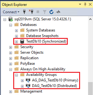 Capture d’écran montrant l’état de la base de données SQL Server et du groupe de disponibilité distribué en S S M S.