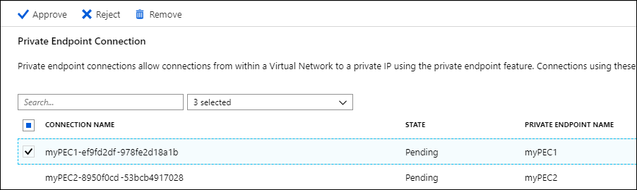 Capture d’écran du Portail Azure, une connexion de point de terminaison privé sélectionnée pour approbation.