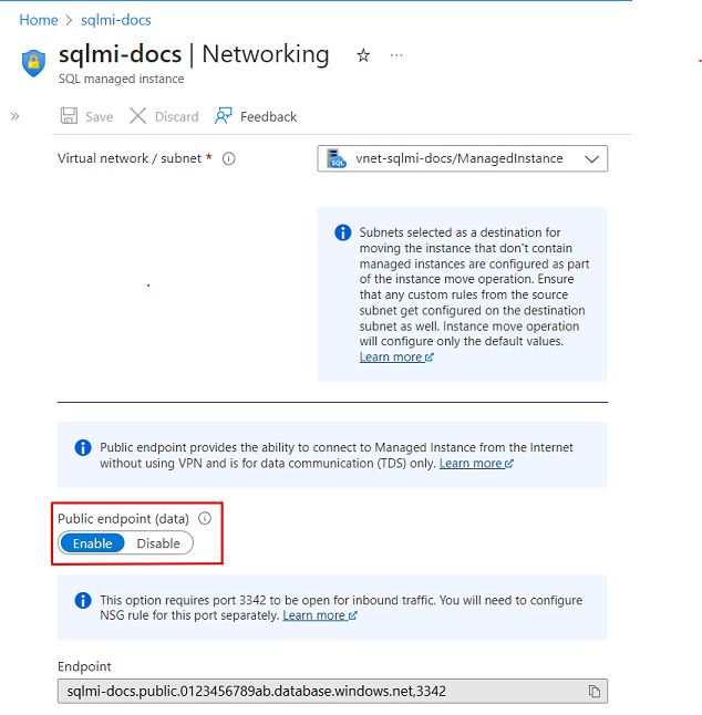 Capture d’écran représentant une page Réseau virtuel de SQL Managed Instance, sur laquelle l’option Point de terminaison public est activée.