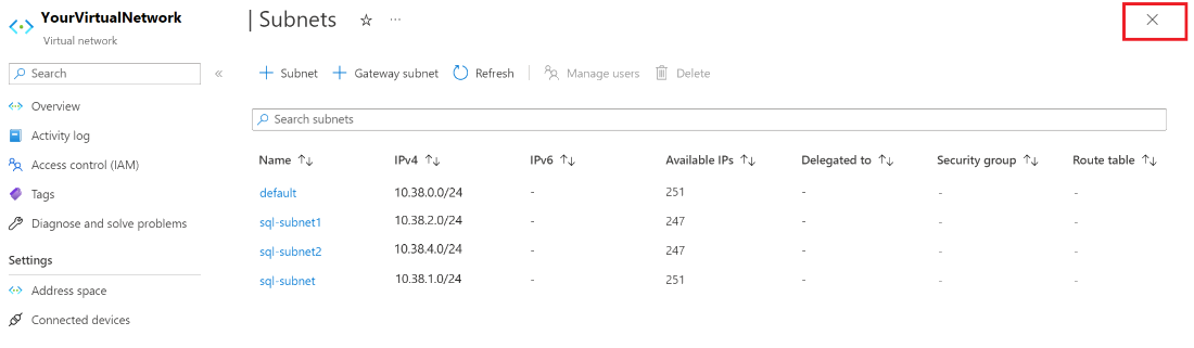 Capture d’écran du portail Azure qui montre le volet de gestion des sous-réseaux pour un réseau virtuel.