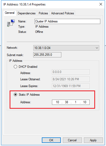  Sélectionnez **Adresse IP statique** et mettez à jour l’adresse IP sur l’adresse IP de cluster Windows dédiée dans le sous-réseau que vous avez attribué à la machine virtuelle SQL Server dans l’article des prérequis