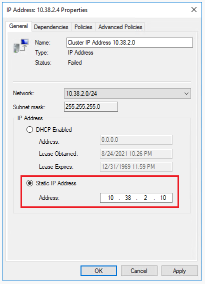 Répétez les étapes pour la deuxième ressource d’**Adresse IP** en échec, en utilisant l’adresse IP de cluster Windows dédiée pour le sous-réseau de l’autre machine virtuelle SQL Server.