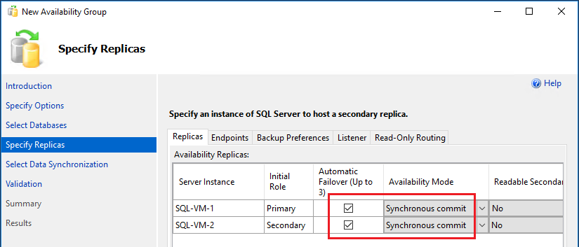 Dans la page **Spécifier les réplicas**, cochez les cases pour le Basculement automatique et choisissez Validation synchrone comme mode de disponibilité