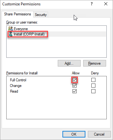 Capture d’écran de la boîte de dialogue de personnalisation des autorisations, montrant que le compte d’installation a le contrôle total du partage.