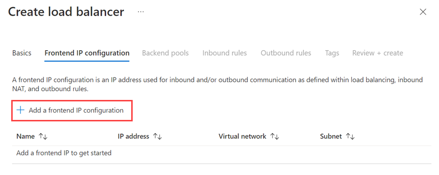 Capture d’écran du portail Azure montrant le bouton qui permet d’ajouter une configuration IP front-end.