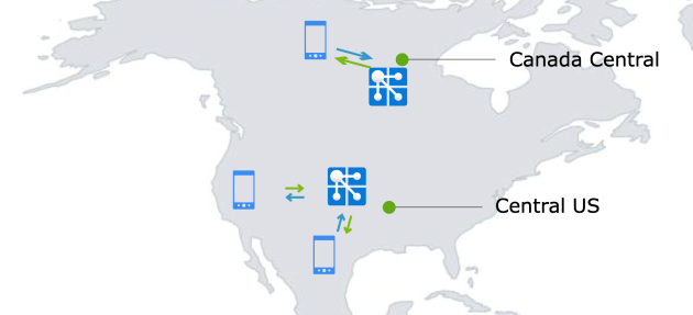 Diagramme de l’utilisation de deux instances d’Azure Web PubSub pour gérer le trafic à partir de deux pays. 