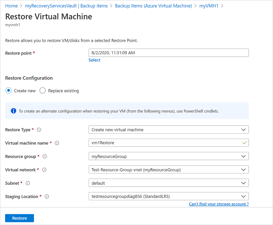 Assistant Restaurer une configuration - Choisir les options de restauration