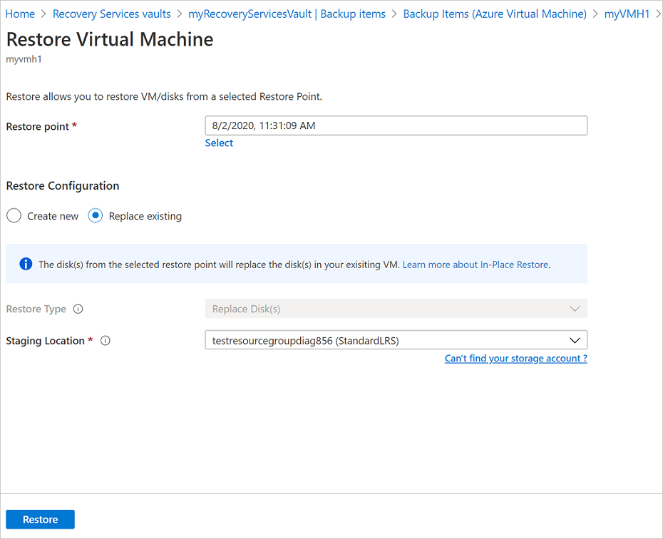 Assistant Configuration de restauration avec l’option Replace existing (Remplacer l’existant)