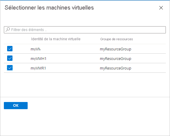 La capture d’écran montre le volet Sélectionner les machines virtuelles.