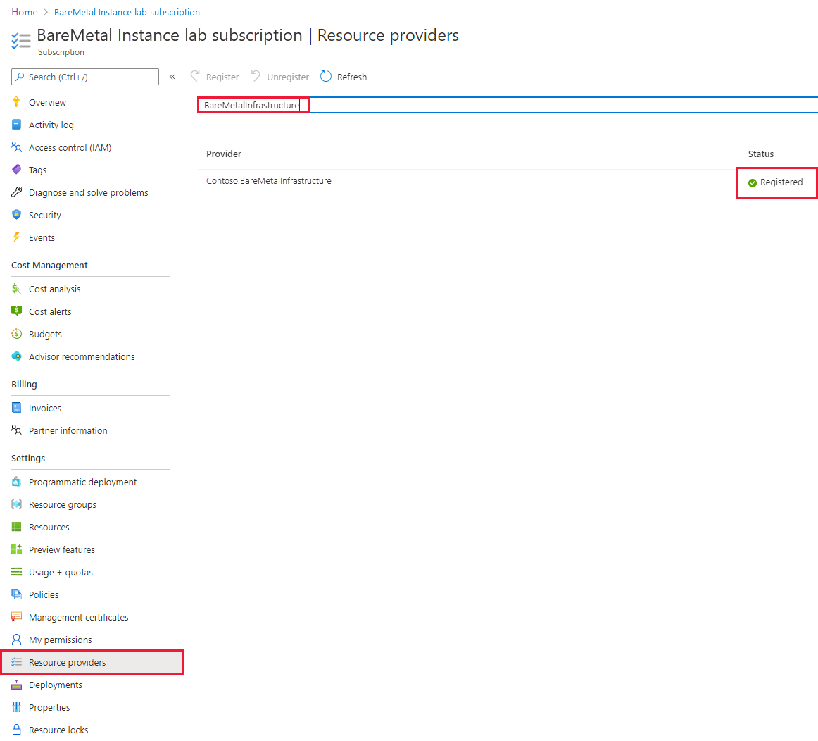 Capture d’écran montrant les instances BareMetal inscrites.