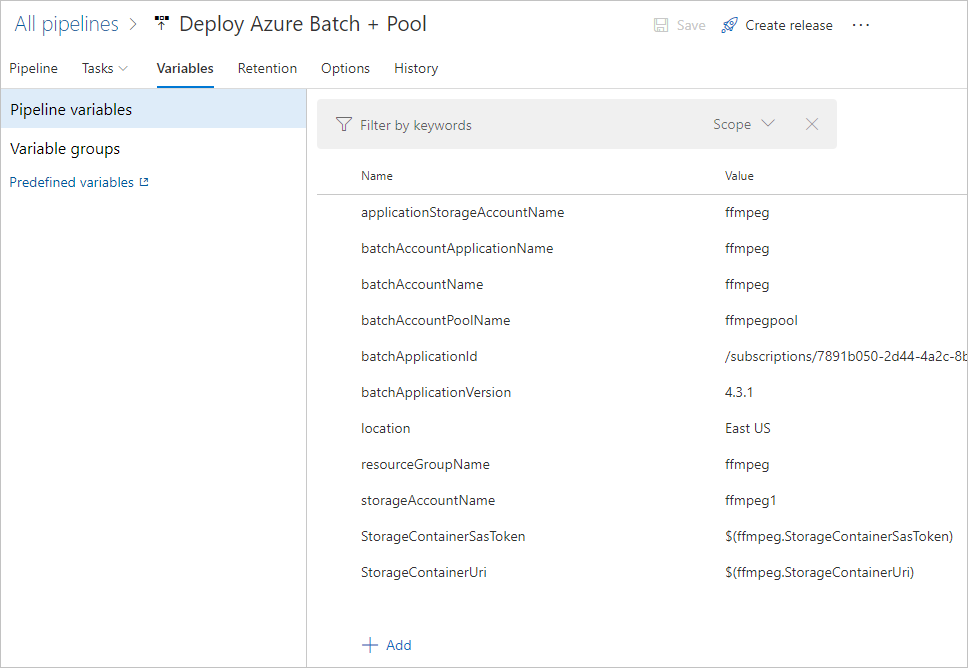 Capture d’écran montrant l’ensemble de variables de la mise en production d’Azure Pipelines.