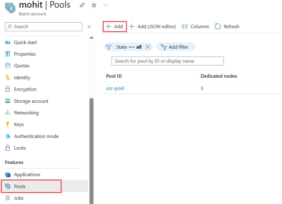 Capture d'écran de la page Pools d'un compte Batch qui met en évidence le bouton Ajouter.
