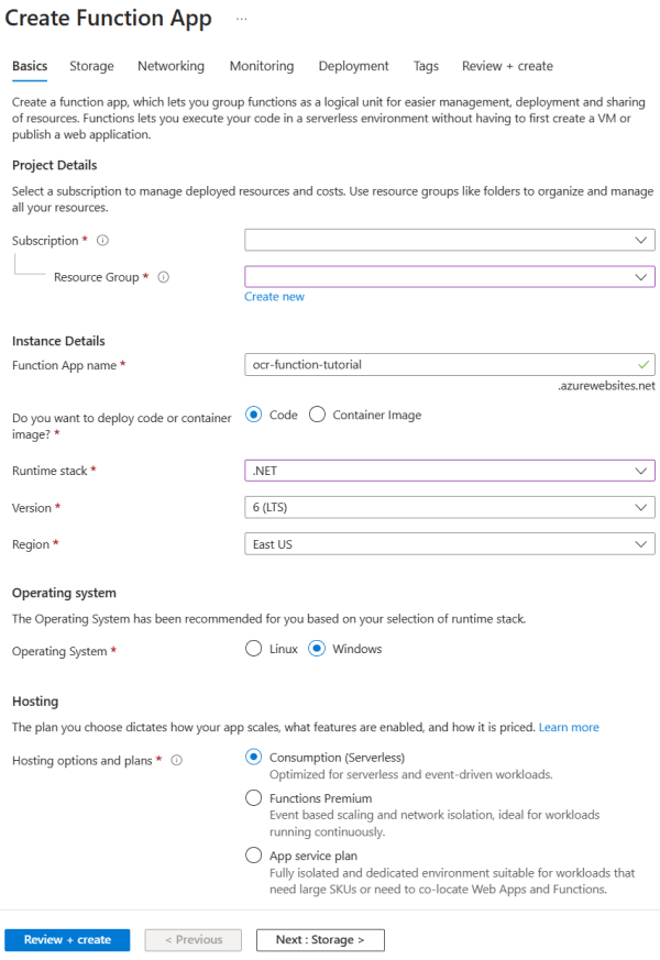 Capture d'écran de la page Créer une application de fonction dans l'onglet Informations de base à l’aide d’exemples d’informations.