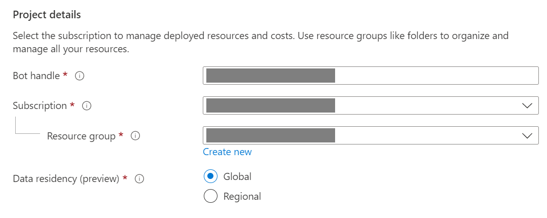 Paramètres de détails du projet pour une ressource Azure Bot