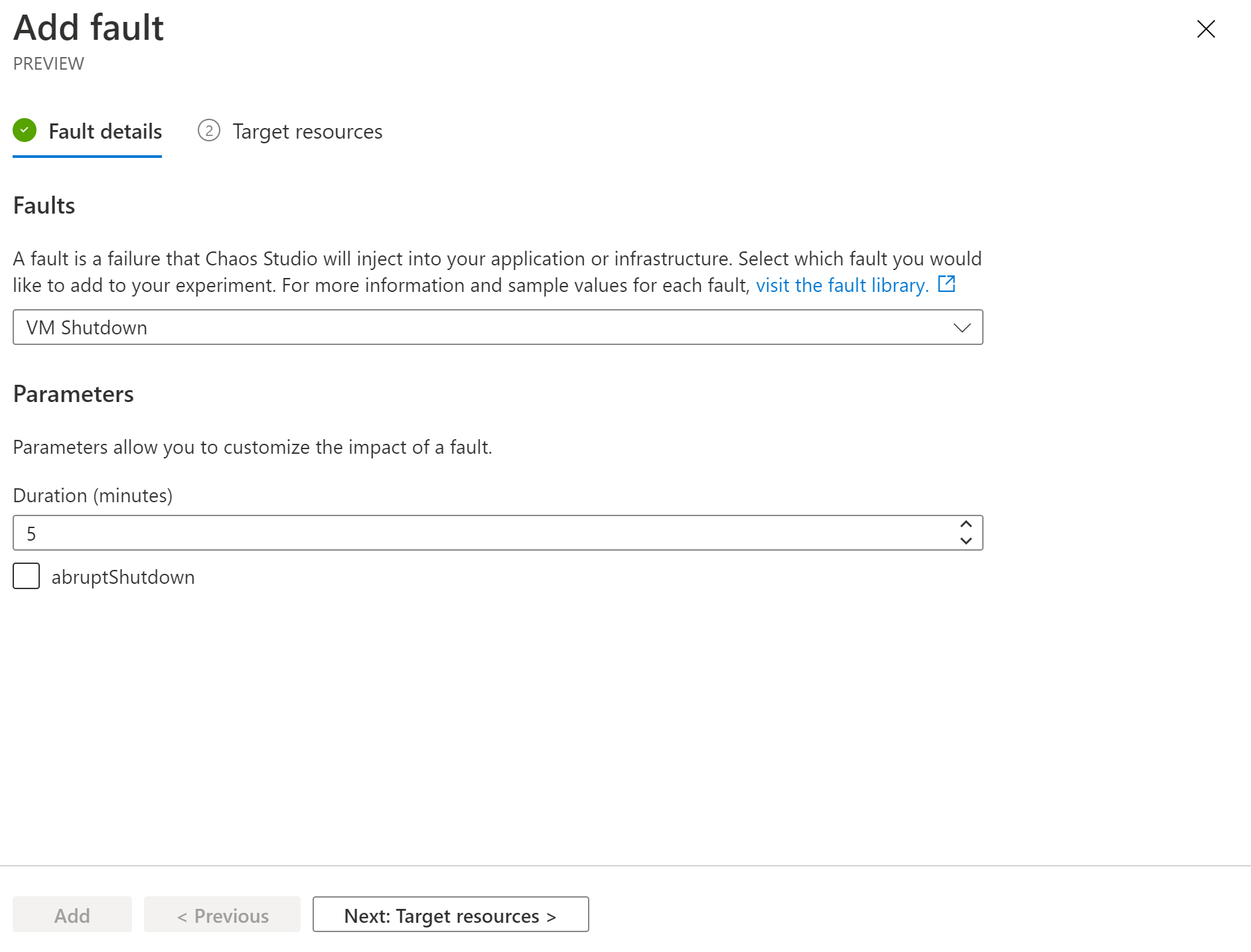 Screenshot that shows Fault properties.