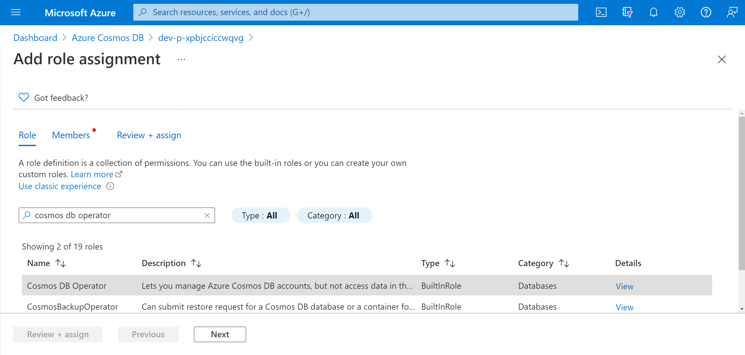 Capture d’écran montrant l’attribution du rôle Opérateur Azure Cosmos DB.