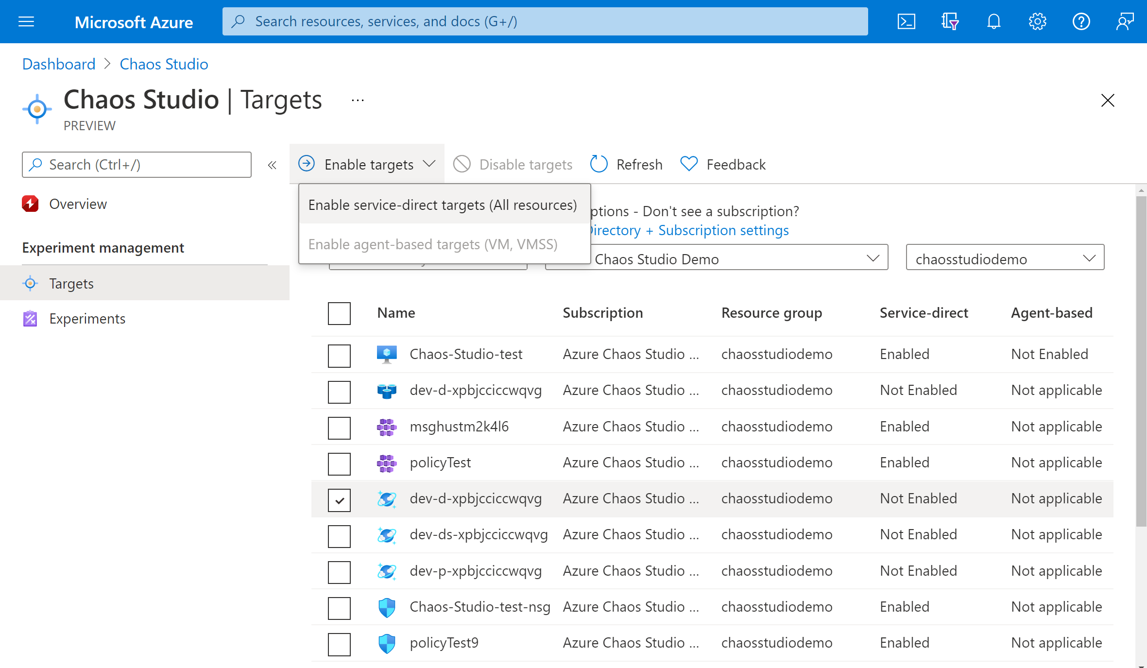 Capture d’écran montrant l’activation des cibles dans le portail Azure.