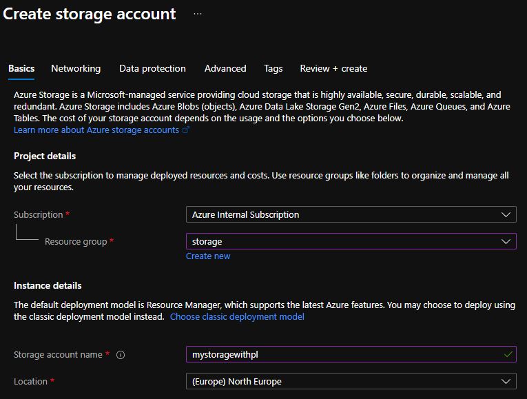 Capture d’écran montrant l’onglet Informations générales et les options pour créer votre compte de stockage dans le portail Azure.