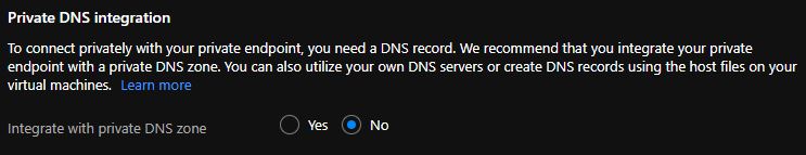 Capture d’écran montrant que l’option Intégrer à la zone DNS privée est réglée sur Non dans le portail Azure.