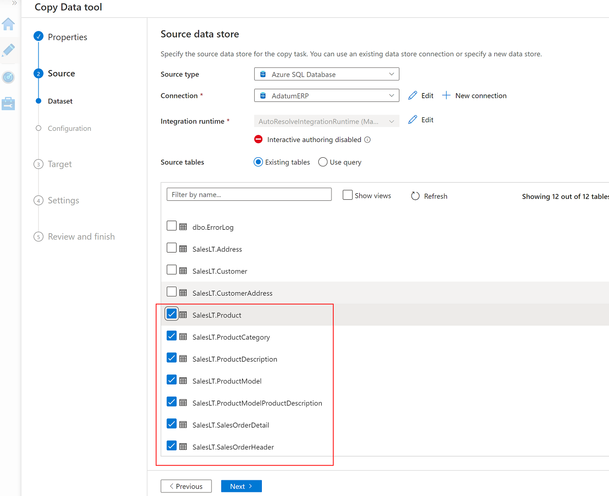 Capture d’écran présentant les options de table ERP Adatum.