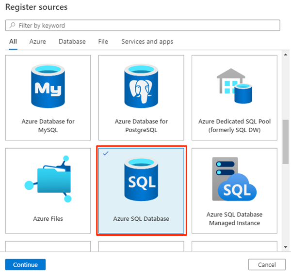 Capture d’écran montrant la source d’inscription Azure SQL Database.