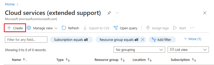 Capture d’écran montrant la sélection de Créer dans le menu pour créer une instance de Cloud Services (support étendu).