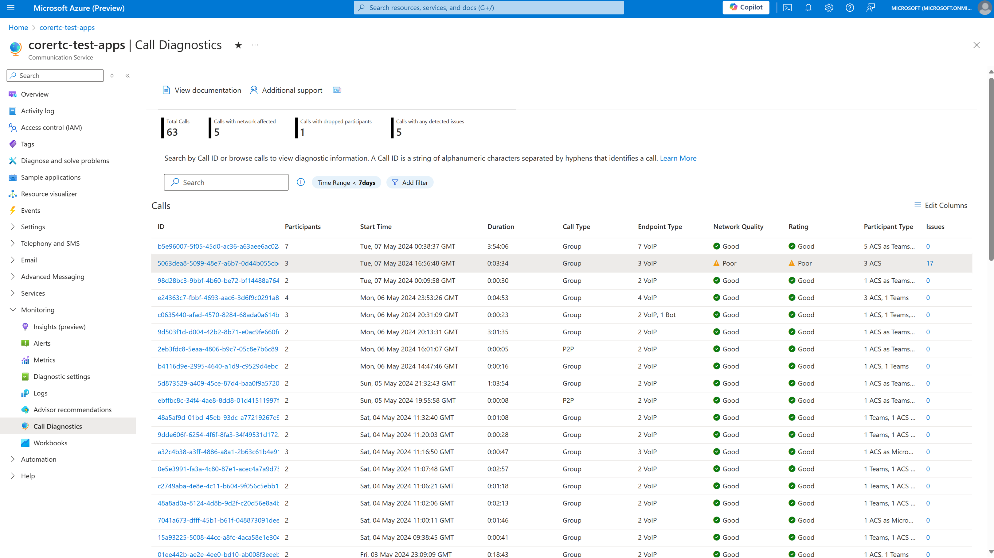 Capture d’écran d’une recherche dans Diagnostics des appels montrant les appels récents pour une ressource Azure Communication Services.