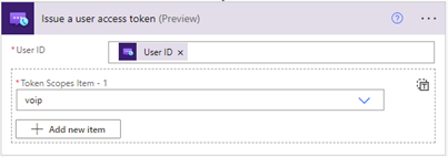 Capture d’écran montrant l’action Émettre un jeton d’accès utilisateur du connecteur Azure Communication Services Identity, avec spécification de l’étendue du jeton.